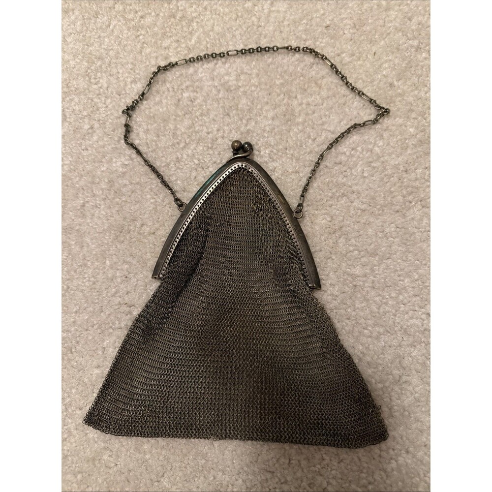 Antique 1920s Brass Chainmail Mesh Purse Triangular Tassel Flapper Gold